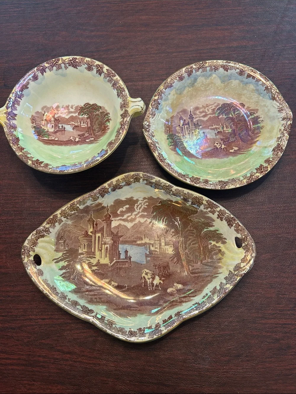 Vintage Maling Newcastle On Tyne England China Serving Set; Brown & Cream Lustre